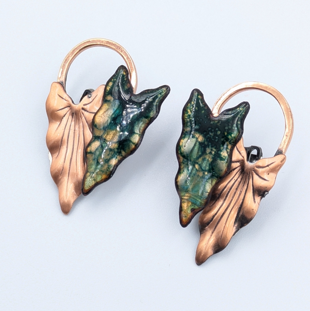Vintage 1950s Matisse Renoir copper and enamel leaf clip on earrings